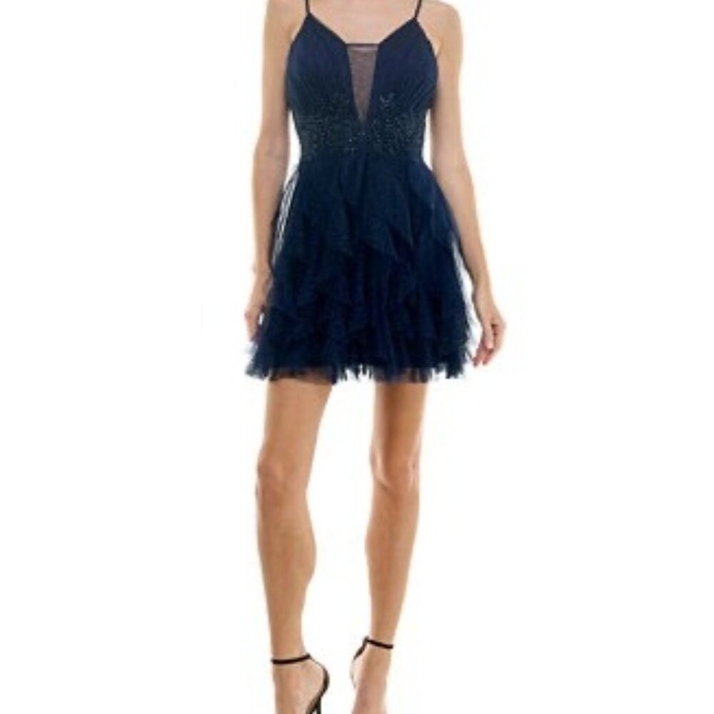 Pear Culture Navy Blue Beaded Tulle Mini Dress Size 0 with Ruffled Skirt & Adjus